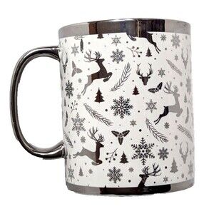 Camila Christmas Reindeer Coffee Mug Snowflake White Polish Free Silver Finish